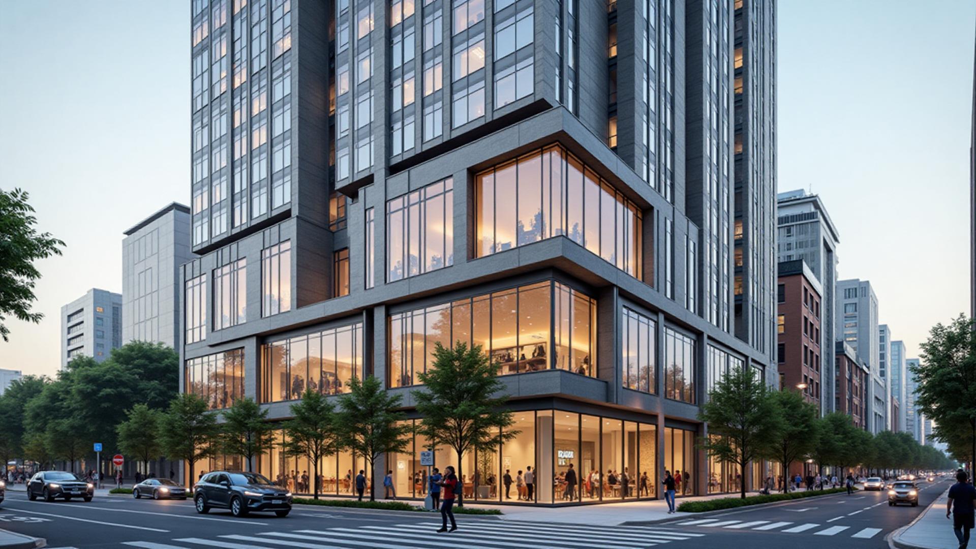 Modern mixed-use real estate development at dusk